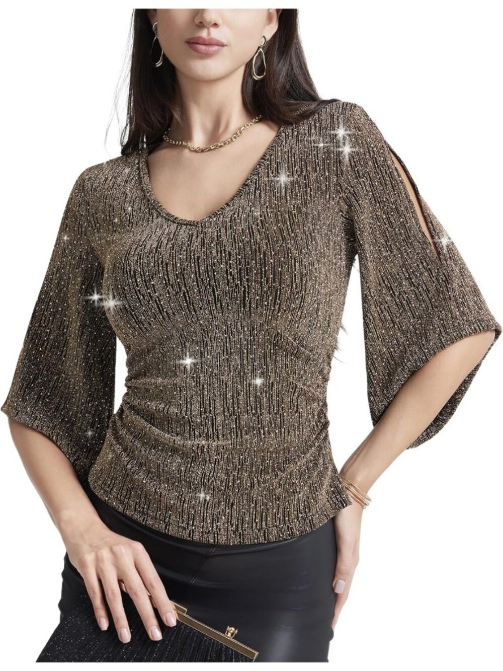 Women's Gold V Neck Glitter Sparkly Blouse Shiny 3/4 Sleeve Cocktail Party Top